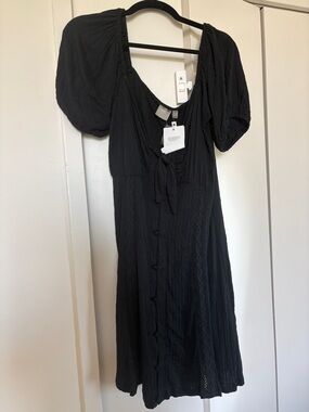 ASOS Black Button-Front Midi Dress with Puff Sleeves